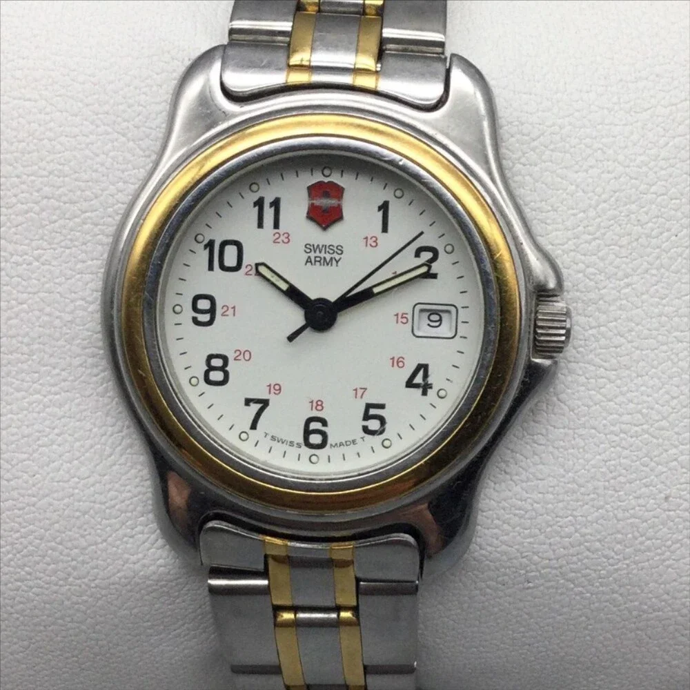 Swiss Army Womens Watch 28mm Gold Silver Tone Stainless Date New Battery 6.25